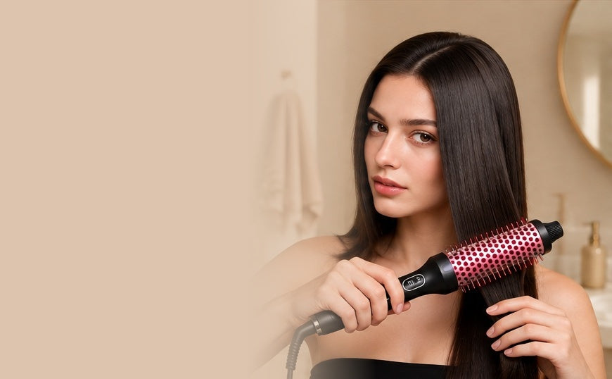 Woman styling her hair with the Silmorae thermal brush